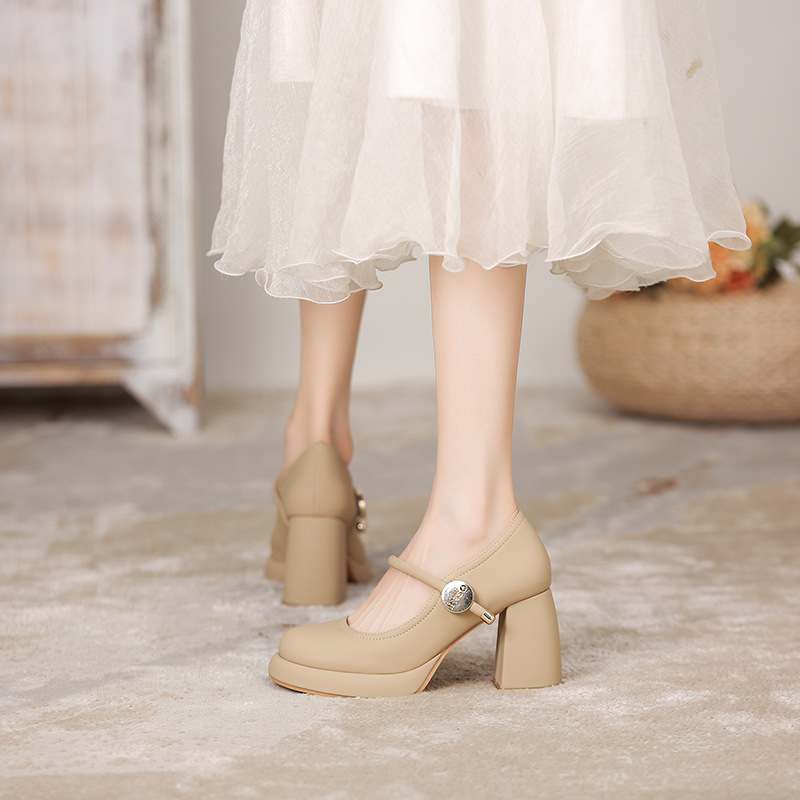 Dress Classic Mid heeled boat Designer shoe Belt buckle Thick heel high heels Tassels Round head Metal Button women shoes Large Eur36-42