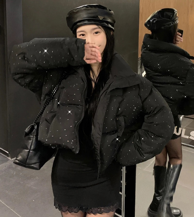 Winter Clothing Parkas Womens Outwear Short Coats Korean Rhinestone Coat Ladies Thickened Warm Cotton Puffer Jackets 241119