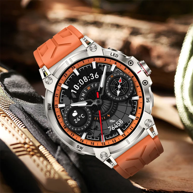 Men's Sporty Smart Watch with Built-in LED Flashlight & Compass - Fitness Tracking, Bluetooth Calls & AI Voice Assistant