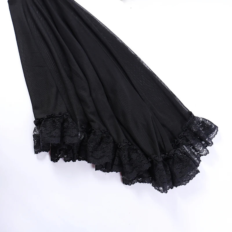 Womens Gothic Style Dark Style Mesh Patchwork Bell Sleeve Top Lace Strap Long Sleeve T-Shirt 240409