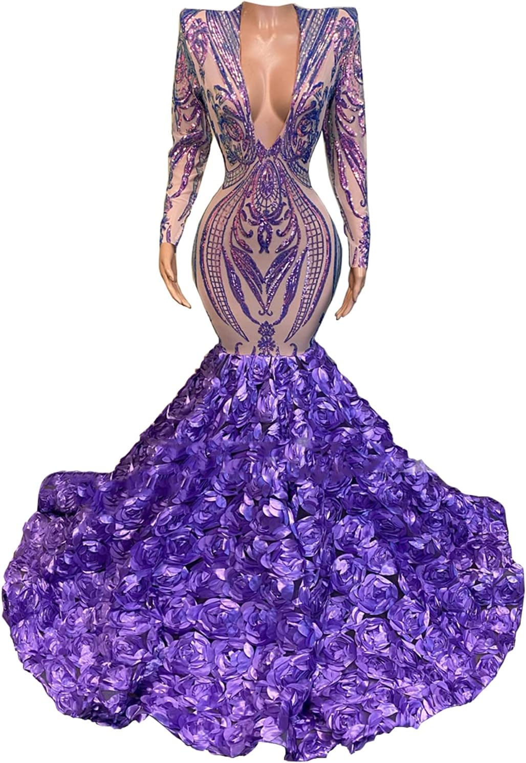 Sexy Mermaid Sequined V-Neck Prom Dresses Long Sleeve Party Dresses Champagne Flowers Sweep Train Formal Occasion Dress Evening Dresses for Women