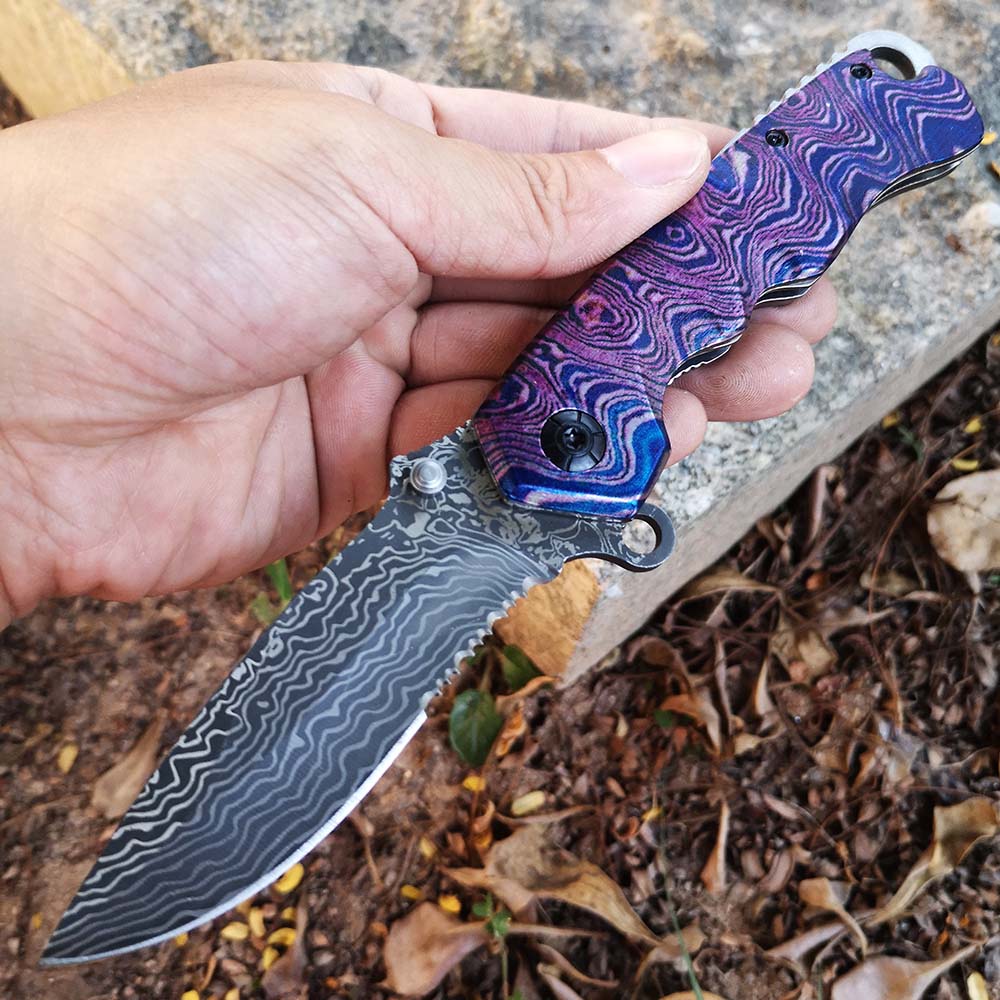 olding Blade Knife Tacticfal F,Prime Quality Knife,Damascus Blade 3D Rainbow Handle,Good for Collection and Outdoor Survival Hunting Camping Hiking HE