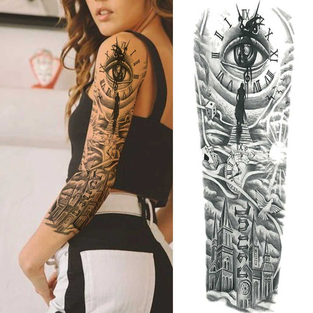 Compass Robot Arm Temporary Tattoos Sleeve For Men Women Realistic Fake Skull Angel Full Arm Tatoos Maori Totem Tattoo StickerXJ241120