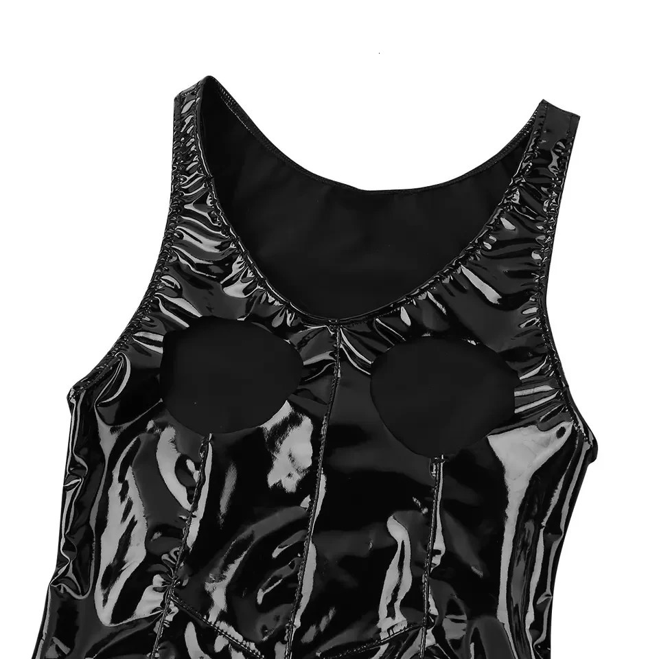 Sexy Open Crotch Glossy Leather Bodysuit For Women Erotic Porn Breast Exposing Shiny Latex Sheath Leotard Crotchless Sexi 240419