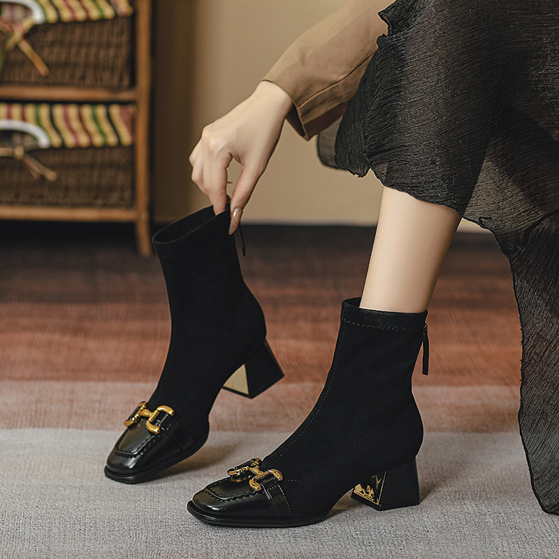 HOT SALES Autumn/Winter Women Sheep Suade Round Toe Square Mid-Heel Ankle Boots Tassel Zipper Fashion Office Ladies Shoes EU36-39