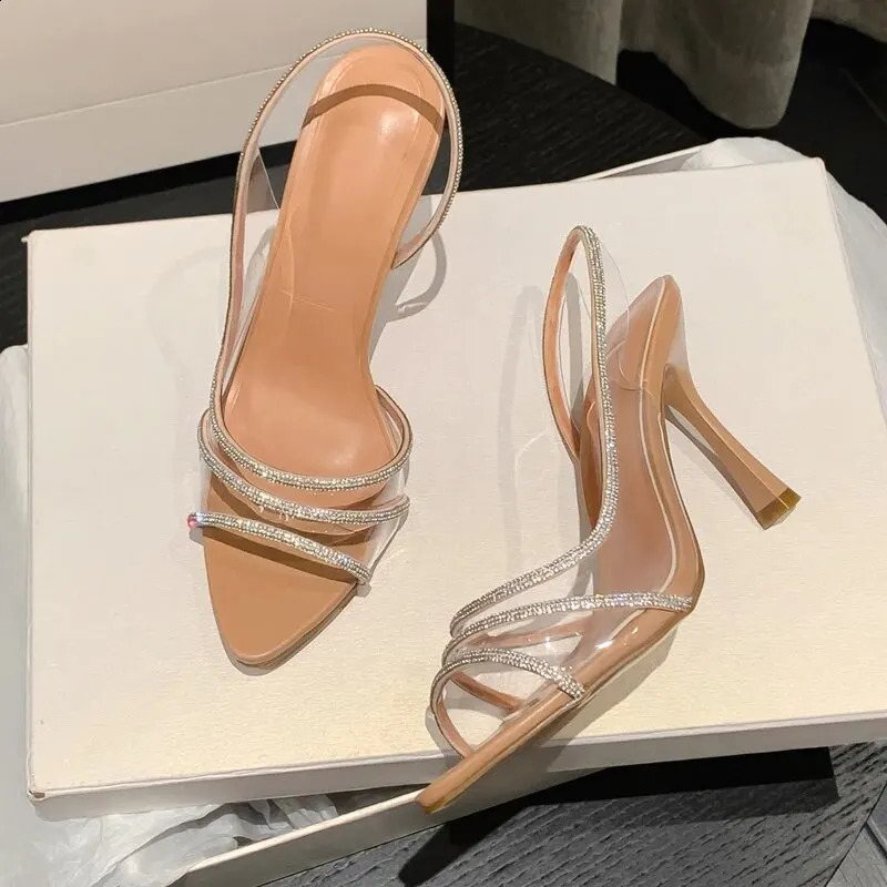 Women Summer Rhinestone Slingback Pumps Office Lady Transparent Heeled Sandals Elegant Pointed Toe Female Sexy High Heels 241120