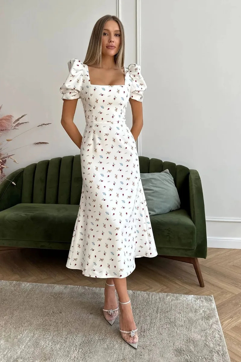 Korean Fashion Womens Summer Midi Dress Casual Short Puff Sleeve Floral Print A-Line Dress Elegant Flowy Dress Y2k Clothing 240408