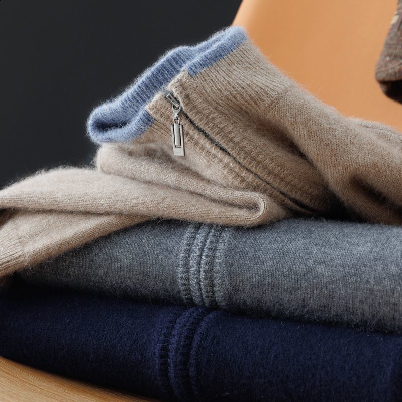 high-end fashion cardigan mens stand up collar zipper color blocked thick sweater business casual sweater knitted jacket240829