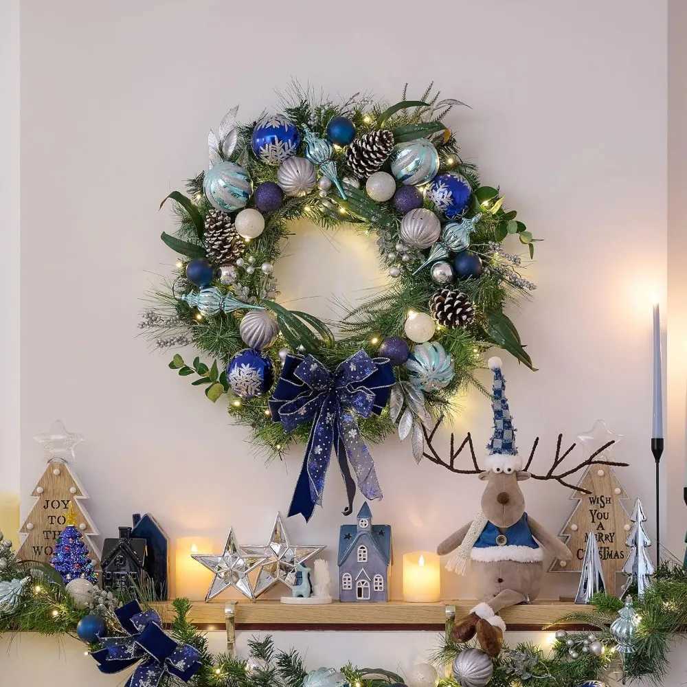 30 Inch Pre-Lit Christmas Wreath for Front Door with Lights Large Lighted Christmas Wreath with Silver Blue zyc241120