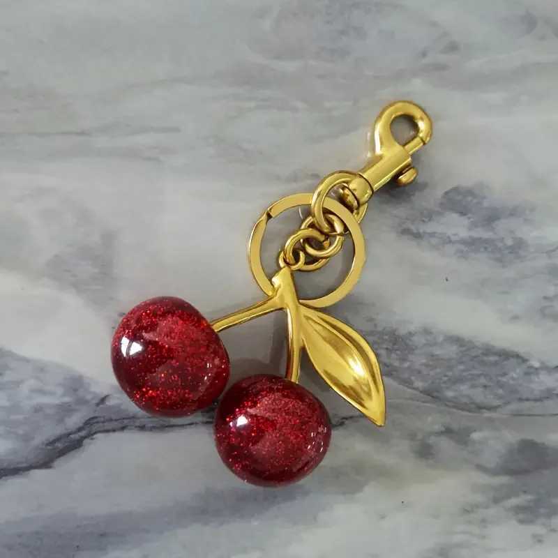 Keychains Lanyards Bag Parts Accessories Chic Cherry Keychain with Sparkling Resin Pendant - Alloy Customizable C-Hook Closure for Womens Wallets Bags
