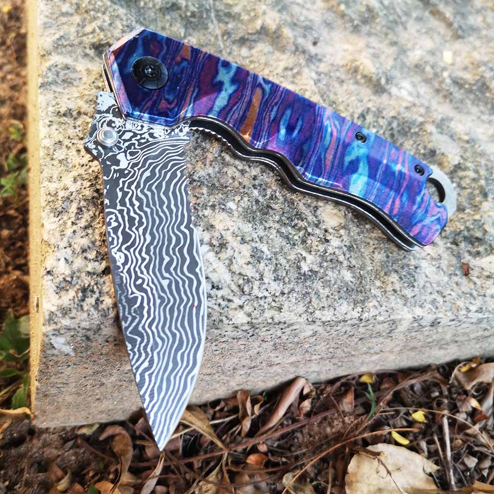 olding Blade Knife Tacticfal F,Prime Quality Knife,Damascus Blade 3D Rainbow Handle,Good for Collection and Outdoor Survival Hunting Camping Hiking HE