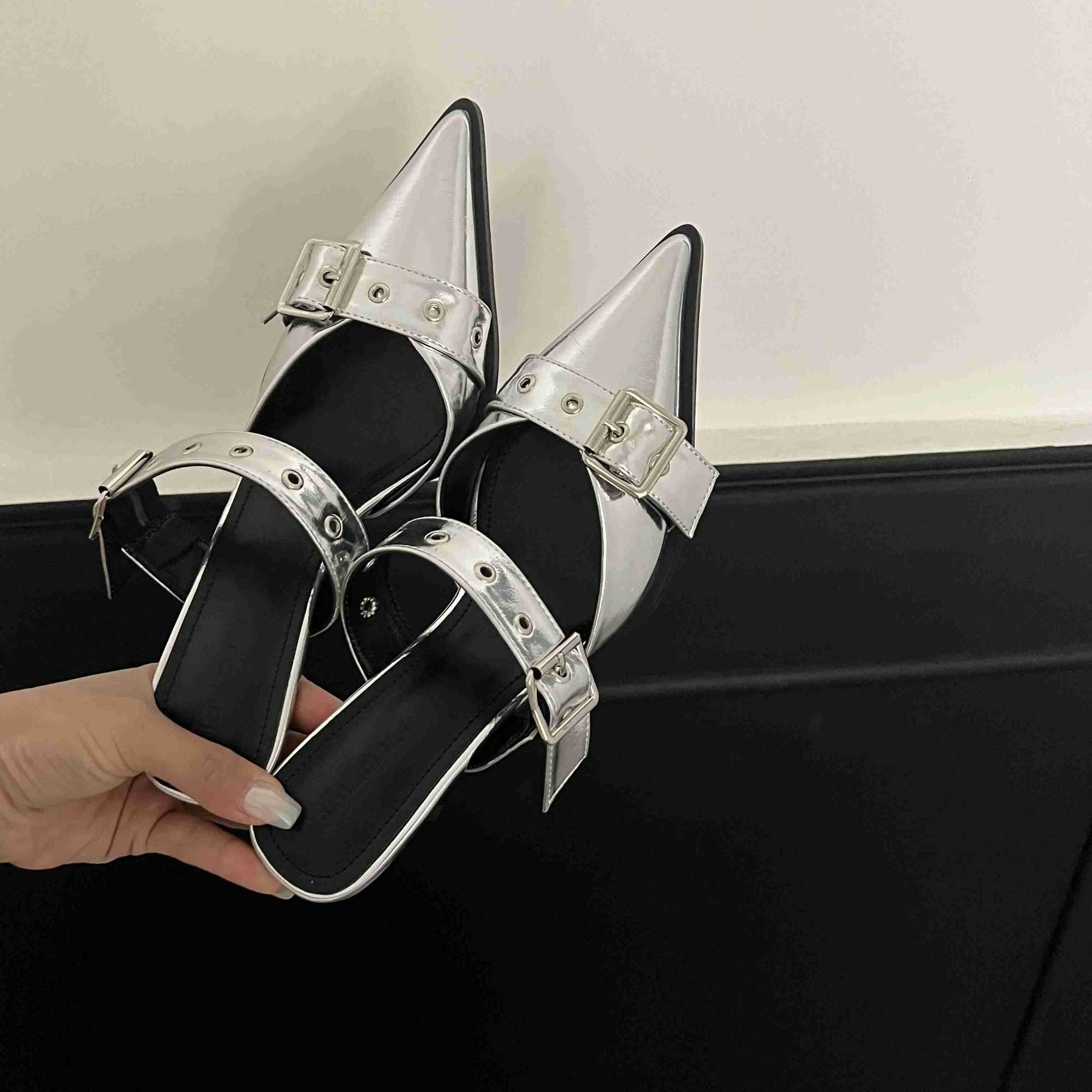 NEW Summer Pointed Belt Buckle Thin Heel Belt Buckle Single Shoes Wens Baotou Sier Back Empty High-heeled Sandals Z250304
