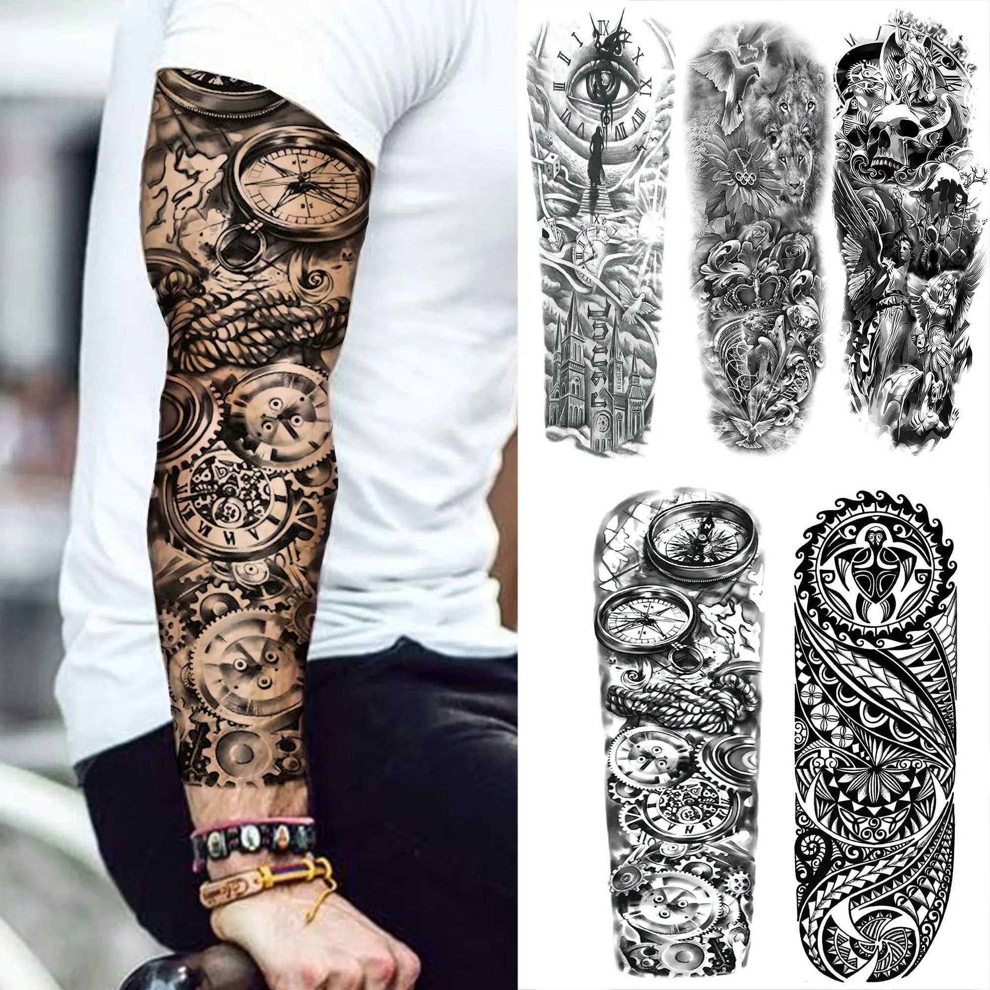 Compass Robot Arm Temporary Tattoos Sleeve For Men Women Realistic Fake Skull Angel Full Arm Tatoos Maori Totem Tattoo StickerXJ241120