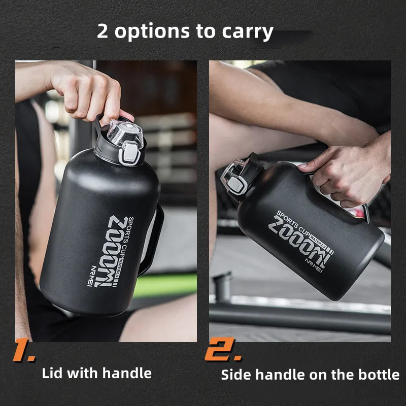 1.5/2L stainless steel water bottle with handle and straw outdoor portable large capacity kettle for gym exercise 241115