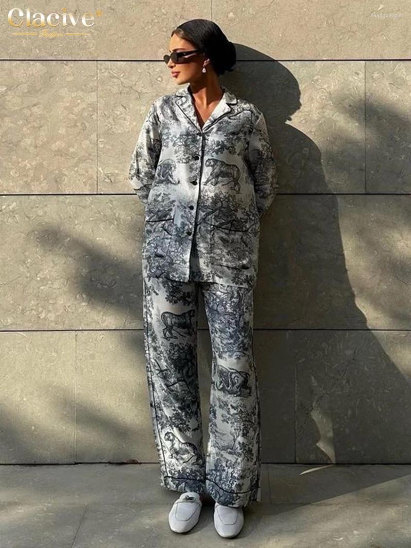 Women's Two Piece Pants Clacive Fashion Loose Print 2 Sets Women Outfit 2024 Elegant Long Sleeve Blouses With High Waist Set Streetwear