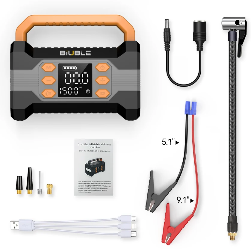 Car Jump Starter Power Bank Air Compressor Inflator Pump Portable Power Station 10000mAh Car Battery Charger Booster