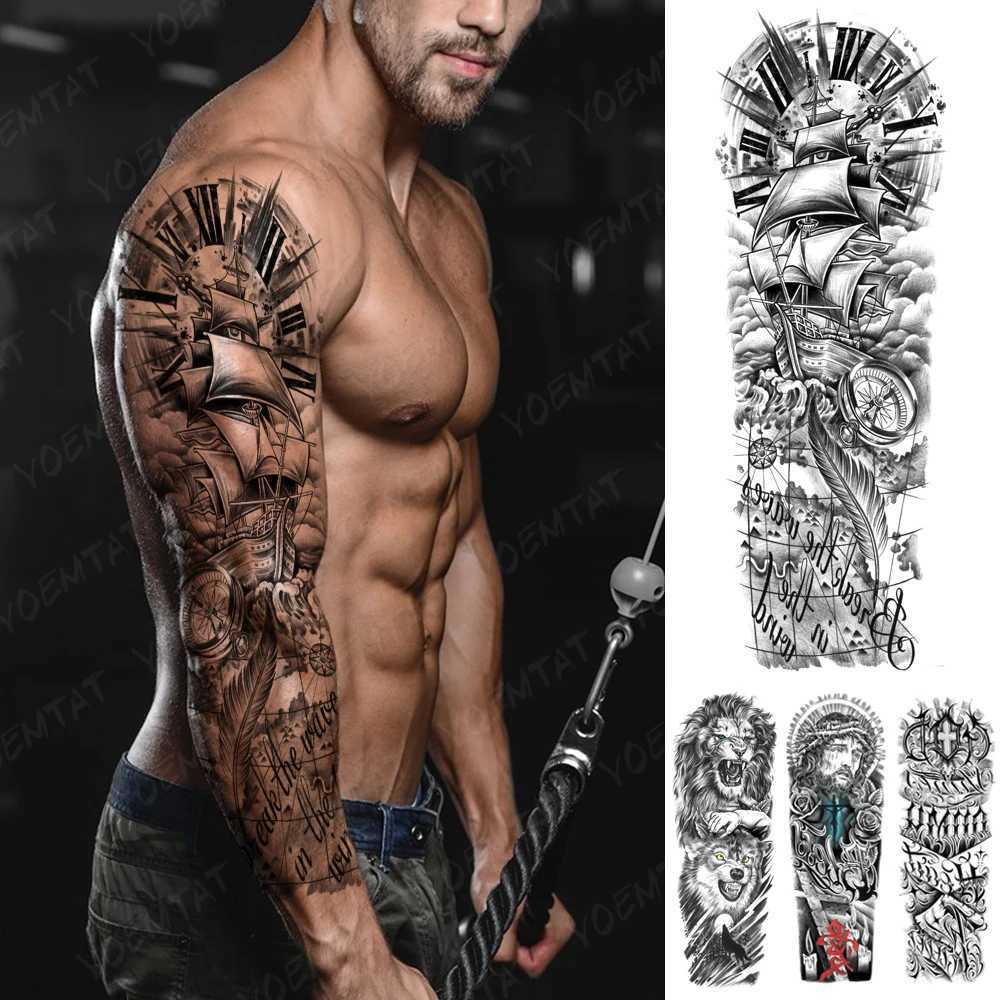 Full Large Arm Sleeve Tattoo Viking Waterproof Temporary Tatto Sticker Ship Compass Plume Letter Body Art Men Women Fake TatooXJ241120