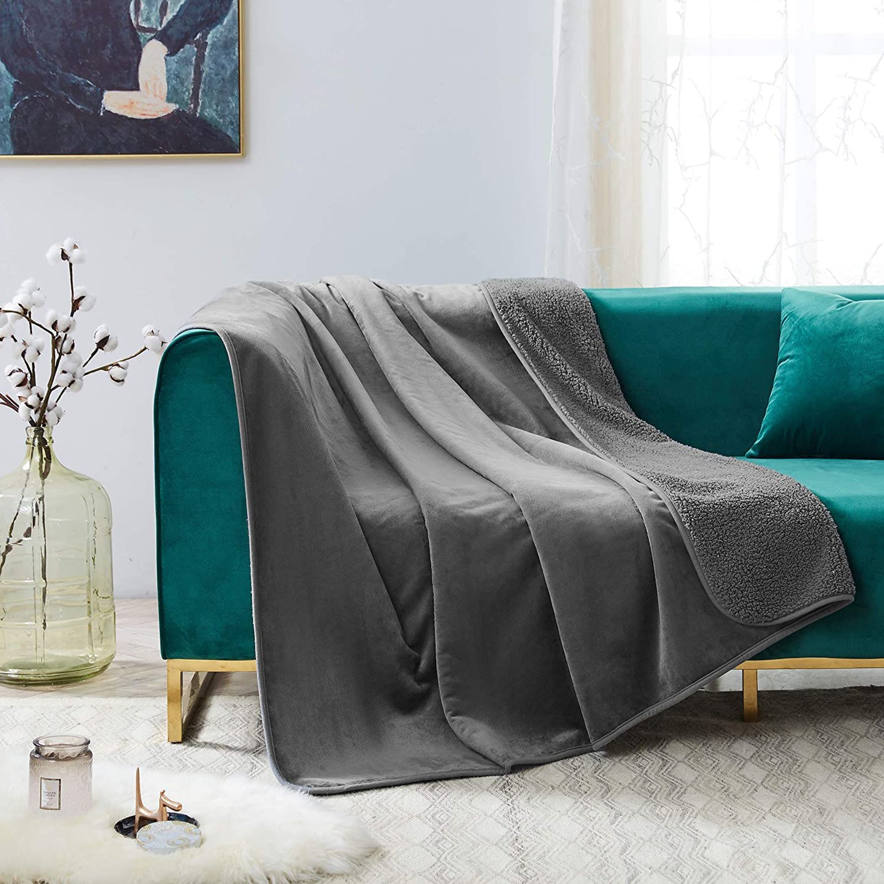 Allisandro Extra Soft Micro Fleece with Sherpa Triple Layer Tech Waterproof Cat & Dog Blanket, Dark Grey