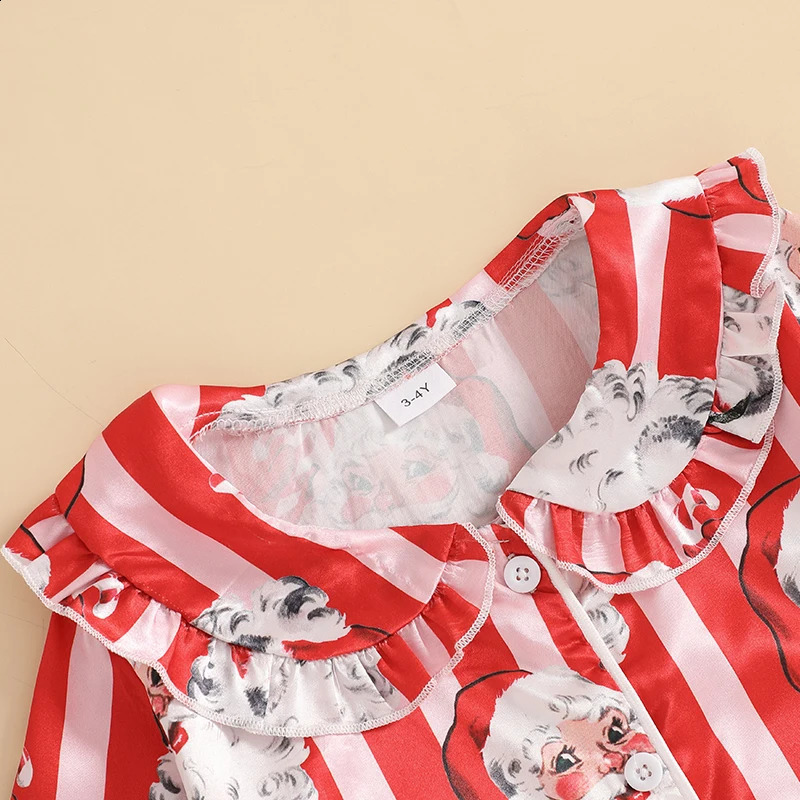 Little Girl Christmas Pajama Sets Santa Striped Doll Collar Button-up Tops Long Pant Ruffled Loungewear Set 241120