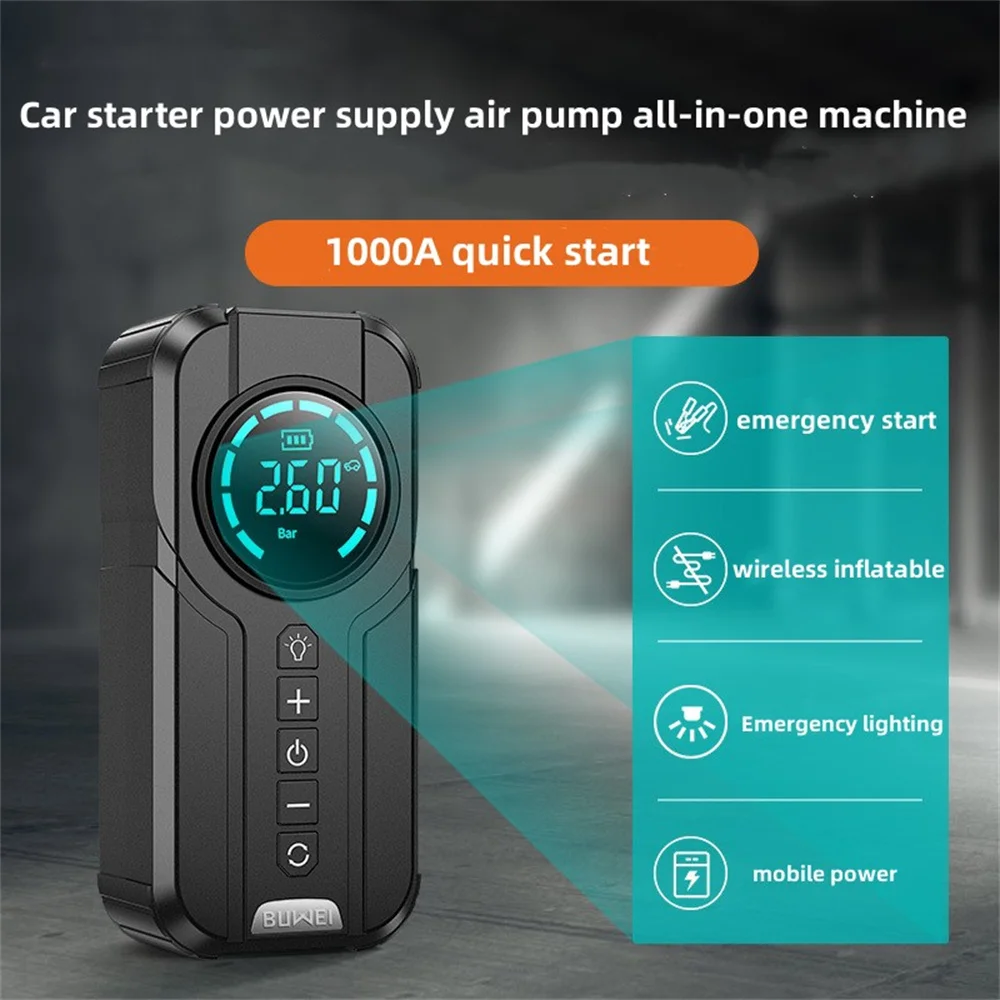 Car Jump Starter Air Pump Power Bank Lighting Portable Air Compressor Cars Battery Starters Starting Auto Tyre Inflator