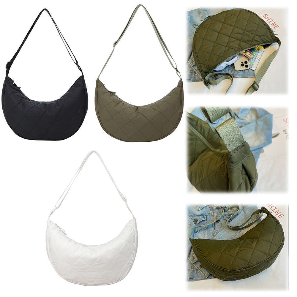 Shoulder for Women Men Quilted Padded Crescent Nylon Adjustable Strap Puffer Hobo Handbag with Zipper Dumpg Bag