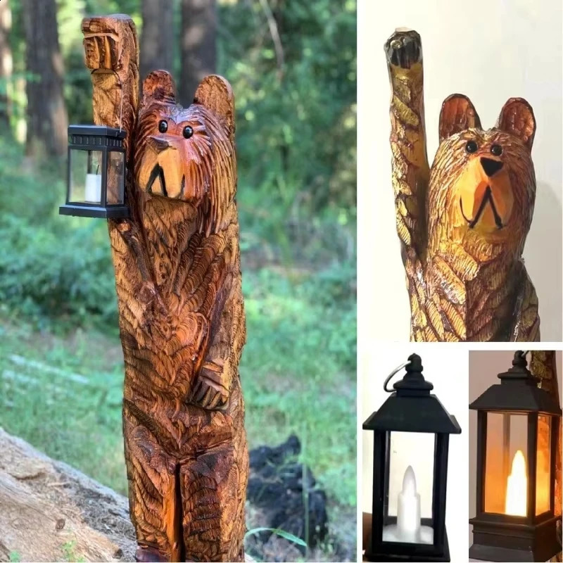 Cedar Carved Bear with Solar Lantern LED Cedar Wood Carved Bear with Solar Lanterns Resin Lantern Bear Sculpture Decoration 241119