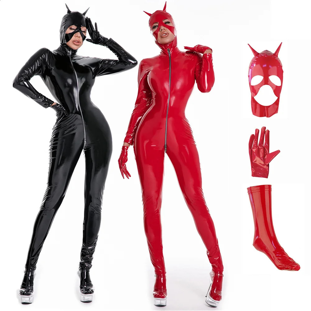 Latex Catsuit Women Wet Look Shiny PU Faux Leather Jumpsuits Suit Long Sleeve Zip Open Crotch Bodysuit Clubwear Plus Size S-5XL 241119