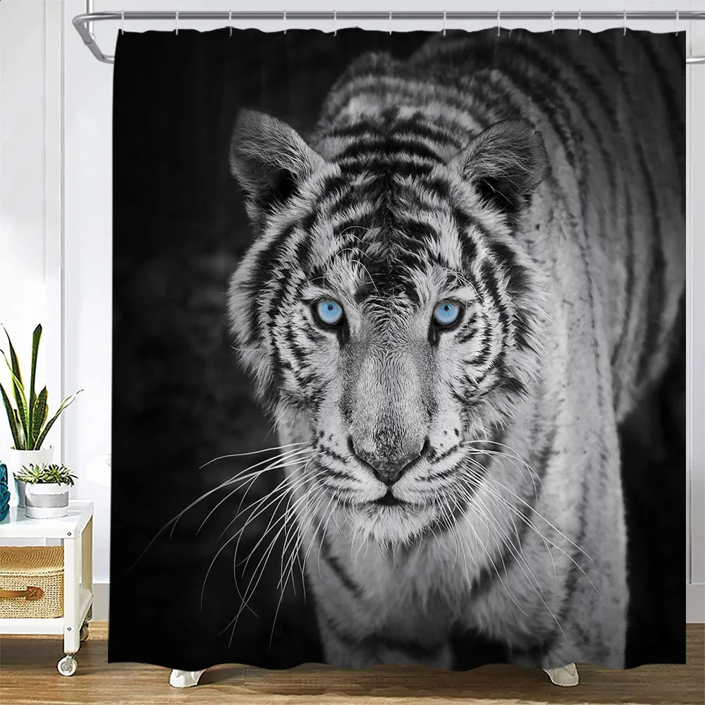 Black White Tiger Shower Curtain Set Wild Animal Gazing Modern Home Bathroom Decor Carpet Non-Slip Rug Bath Mat Toilet Lid Cover 241119