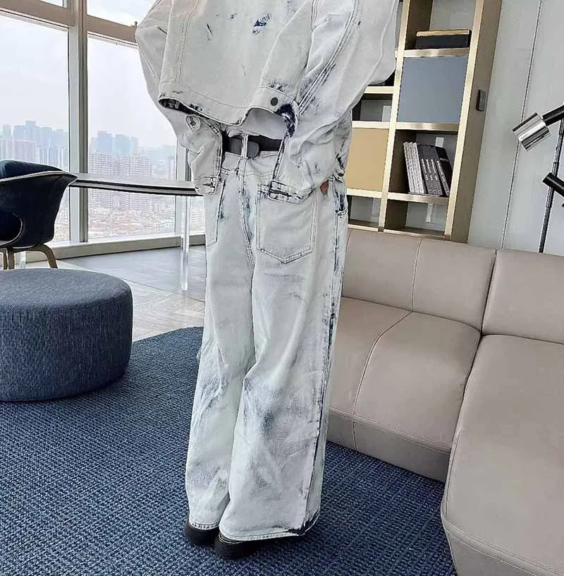 Retro Wash Tie Dye Denim Set Men High Street Casual Loose Jean Jackets Wide Leg Jeans Male Spring 2pcs Sets Hip Hop Fashion Suit 240415