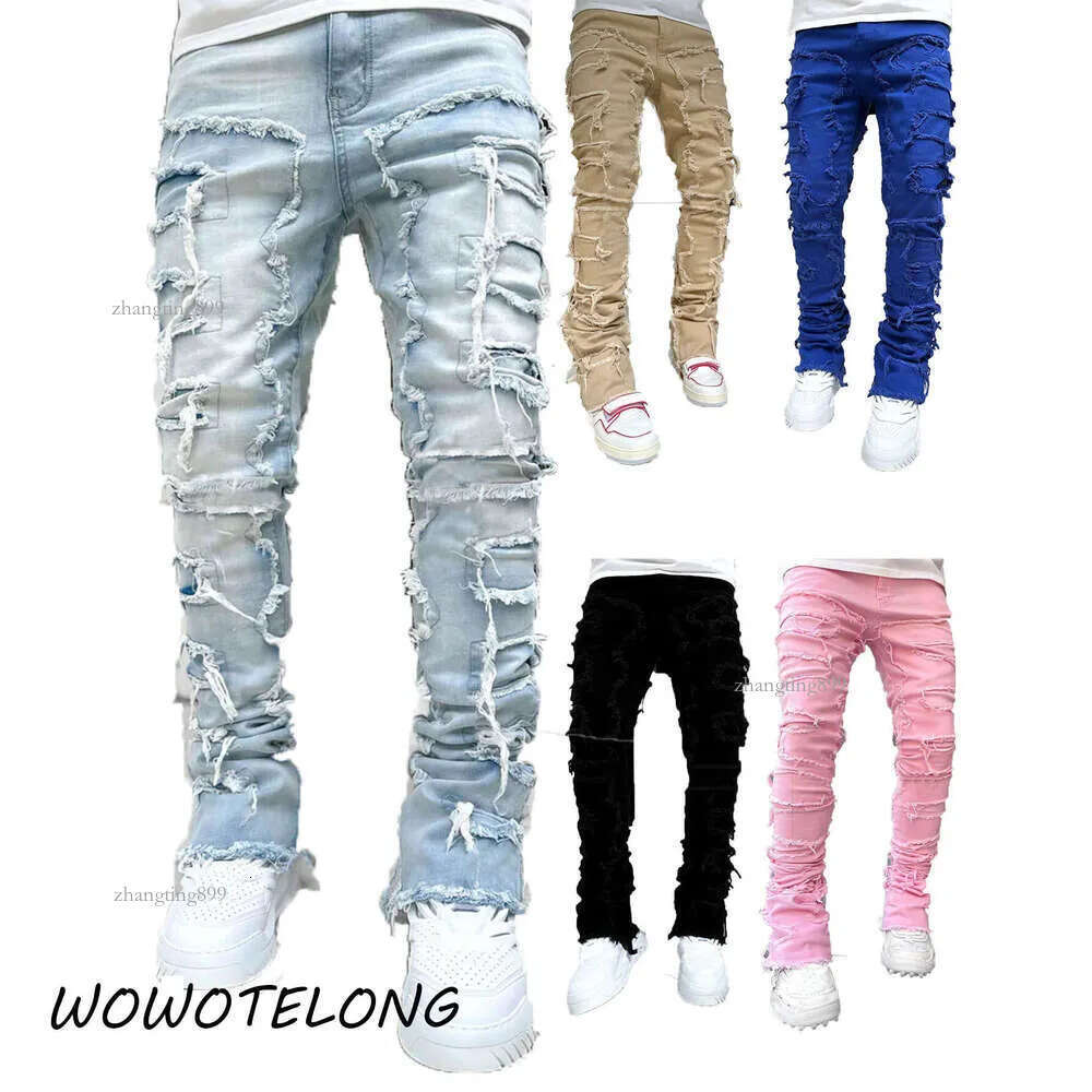 2024 New Premium Vintage Blue Stacked Jeans For Men Stretchy Raw Frayed Denim Destroyed Washed Patchworks Pants