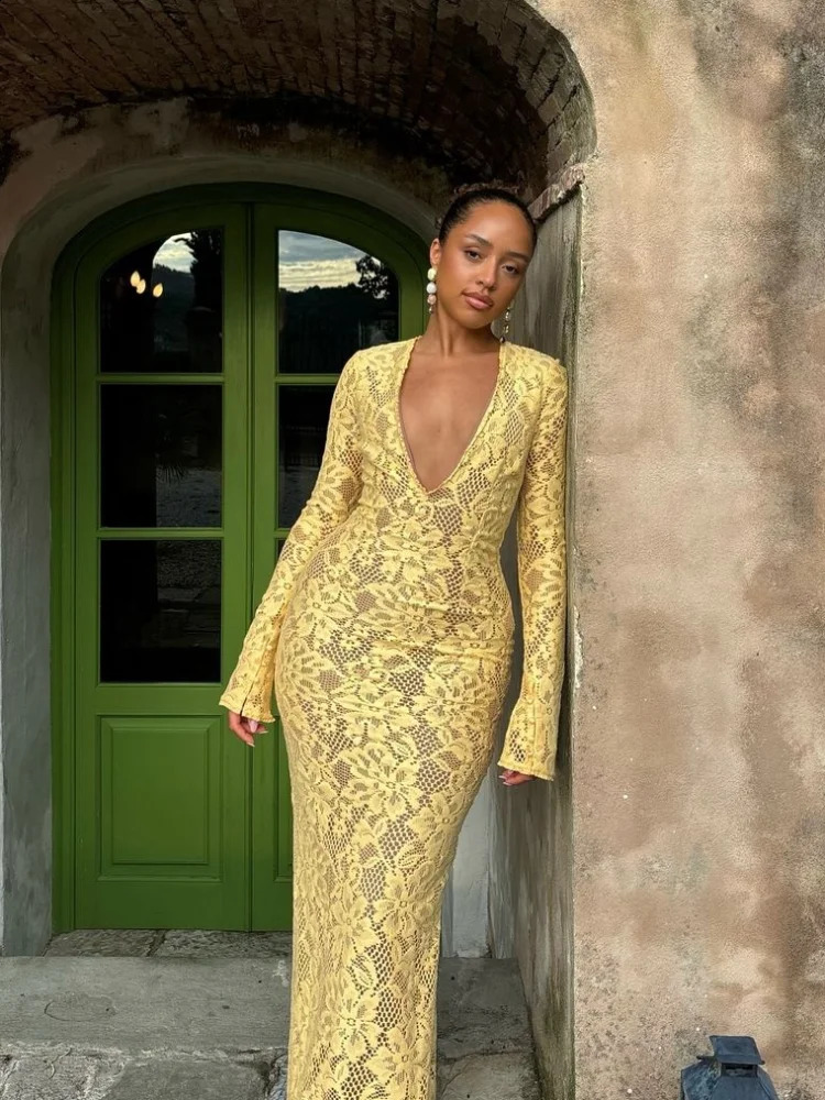 Sexy Lace See Through Mesh Deep V Maxi Dress Fashion Yellow Slim Long Sleeve Dresses Fall Lady High Street Party Robes 241119