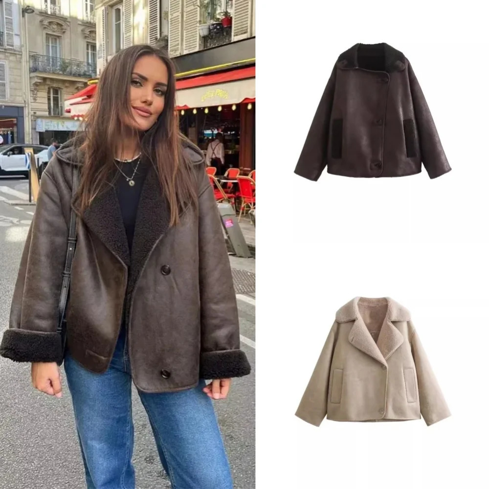 Womens Thick Artificial Leather Jacket Autumn Winter Warm Wool Blended Jacket Plush Double sided Jacket Pocket Jacket 241119