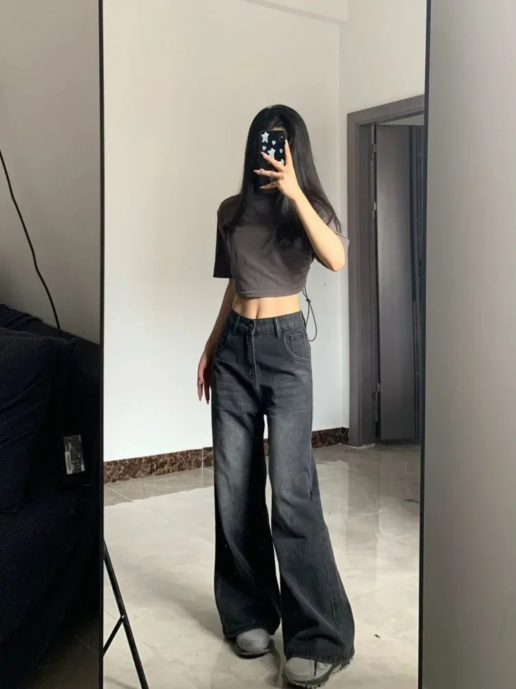 HOUZHOU Vintage Black Jeans Women High Waist Grunge Y2k 90s Streetwear Baggy Casual Korean Fashion Straight Washed Denim Trouser 240409