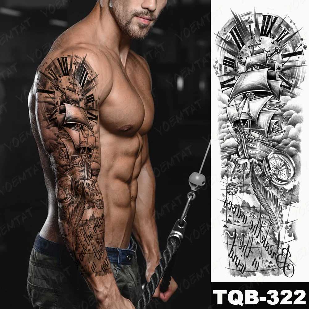 Full Large Arm Sleeve Tattoo Viking Waterproof Temporary Tatto Sticker Ship Compass Plume Letter Body Art Men Women Fake TatooXJ241120