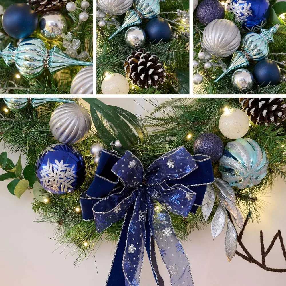 30 Inch Pre-Lit Christmas Wreath for Front Door with Lights Large Lighted Christmas Wreath with Silver Blue zyc241120