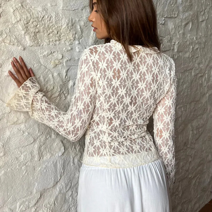 hirigin Elegant Women Summer Lace Floral Tops Flare Long Sleeve Tie Front Sheer Slim Crop Cardigan Clubwear blusa mujer moda 240409