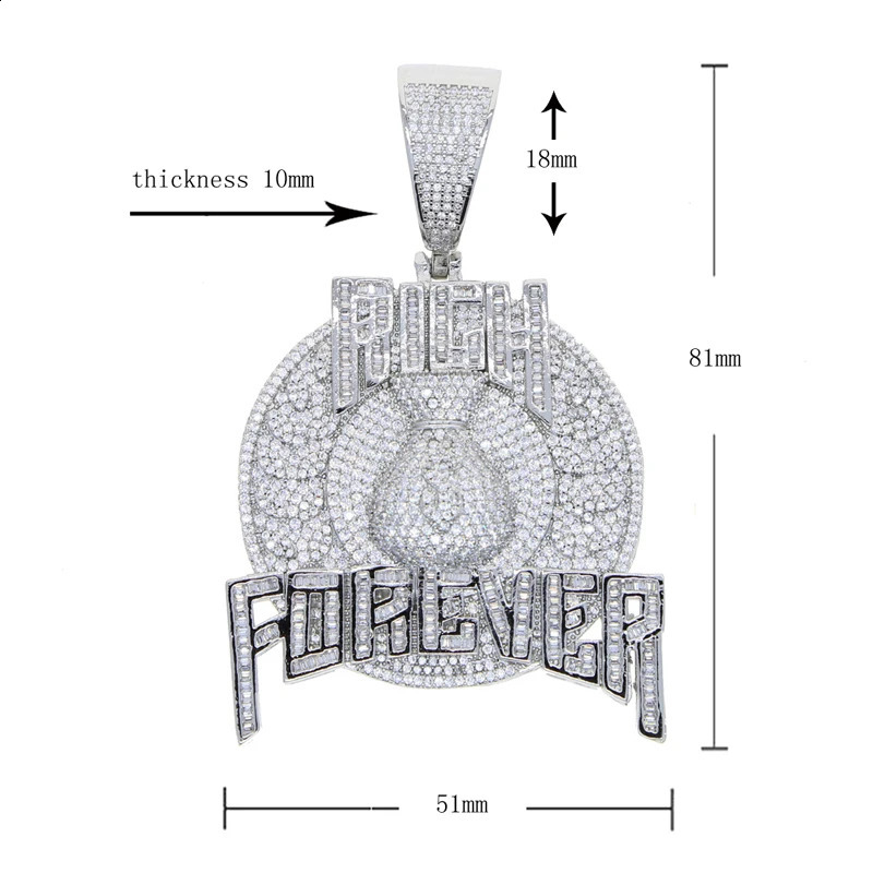 Bling Cz Letter Iced Out Prong Setting Rich Forever Pendant Necklace for Men Gold Color Hip Hop Jewelry 241120