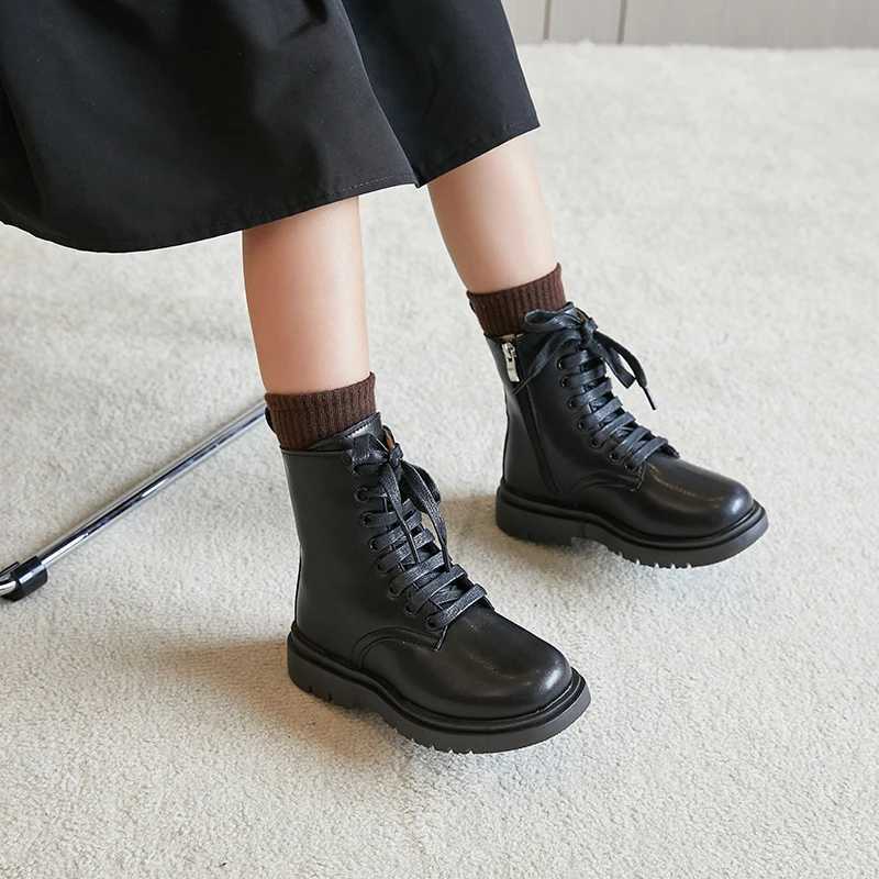 Girl Leather Long Microfiber Skin Fleece Performance High Tube Cotton Fashion Boots Children Girls Lace-up Round Toe Boots XJ250812