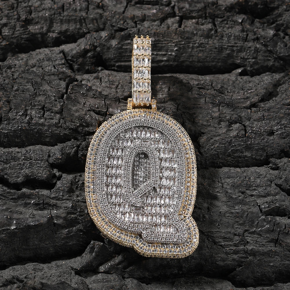 THE BLING KING Big Baguettecz Initial Letter A-Z Micro Paved Out Two Tone 5A Cubic Zirconia Charm Necklace Hiphop Jewelry 241119