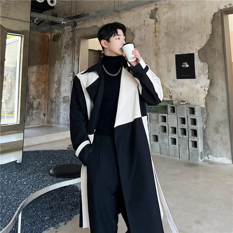 Autumn Winter Korean Fashion Contrast Color Trench Coat Mens High Quality Casual Long Jackets Gabardina Hombre 241120