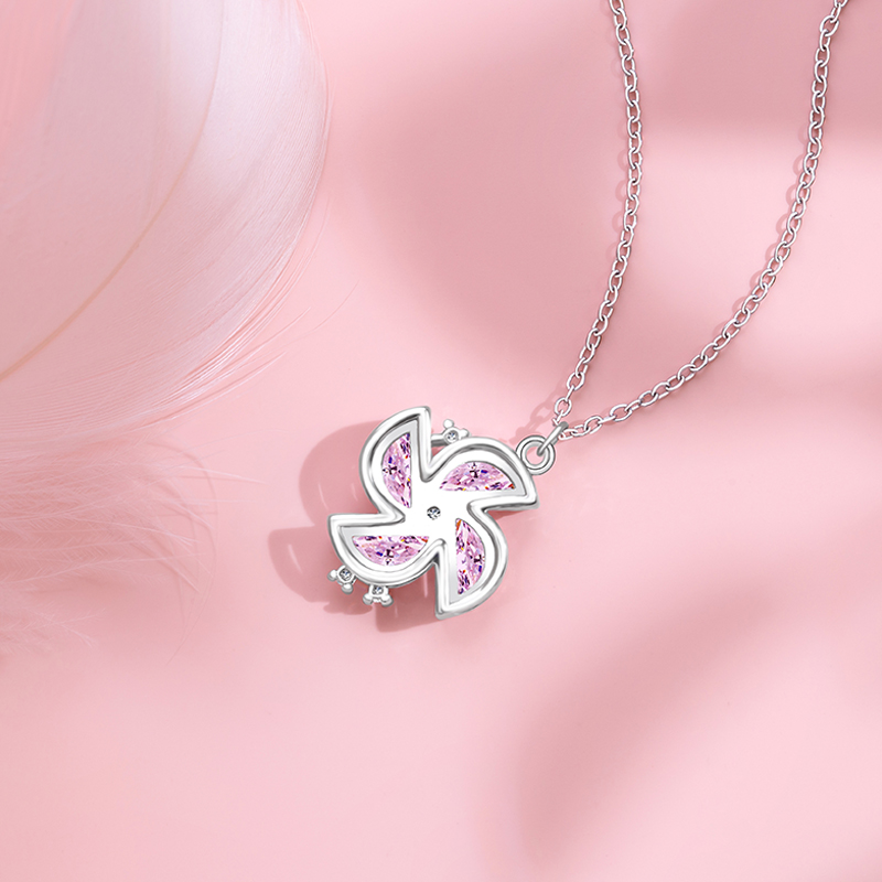 Stylish Women's Small-Batch Designed Necklace Featuring a Pink Zircon Windmill Pendant and Practical Stainless Steel Chain