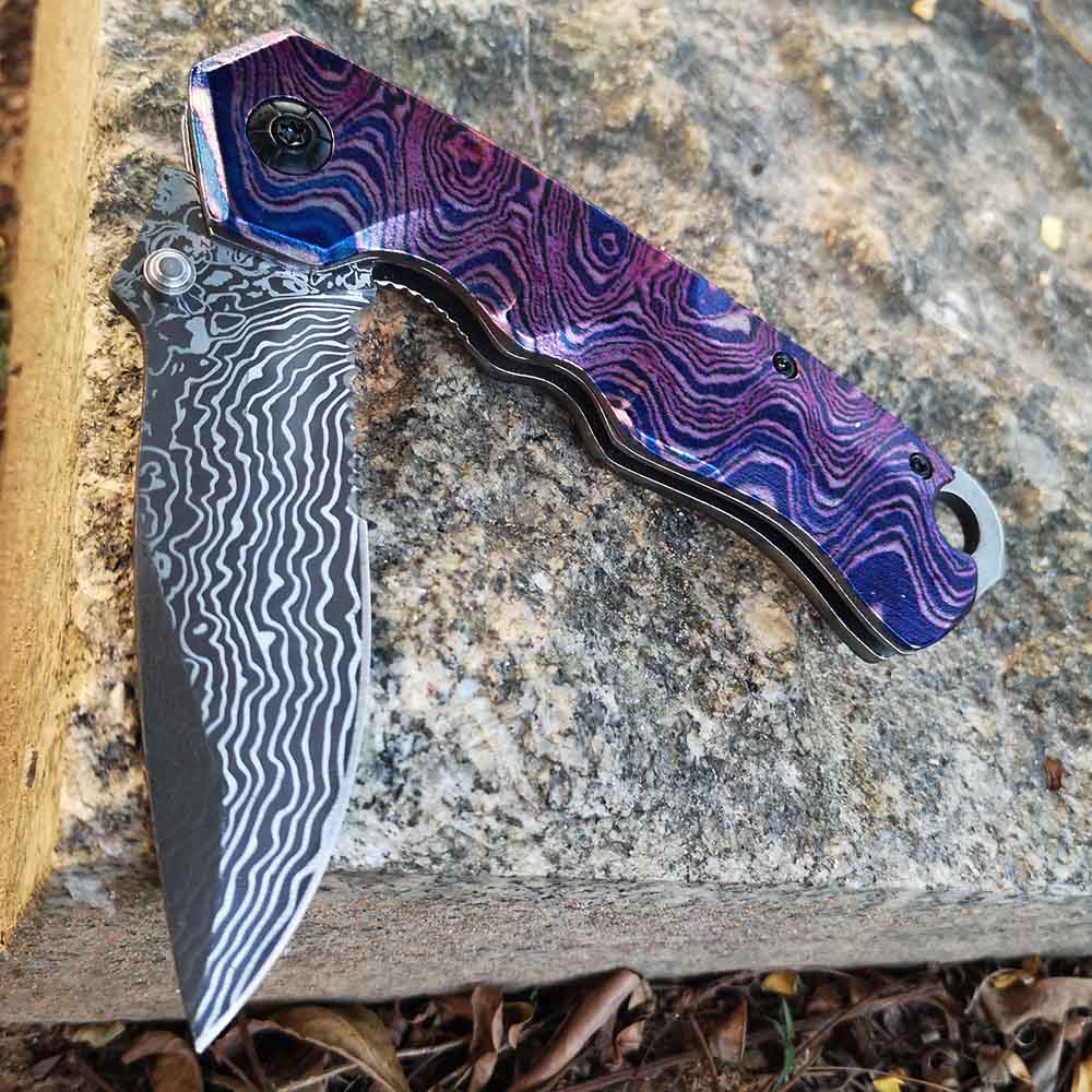 olding Blade Knife Tacticfal F,Prime Quality Knife,Damascus Blade 3D Rainbow Handle,Good for Collection and Outdoor Survival Hunting Camping Hiking HE