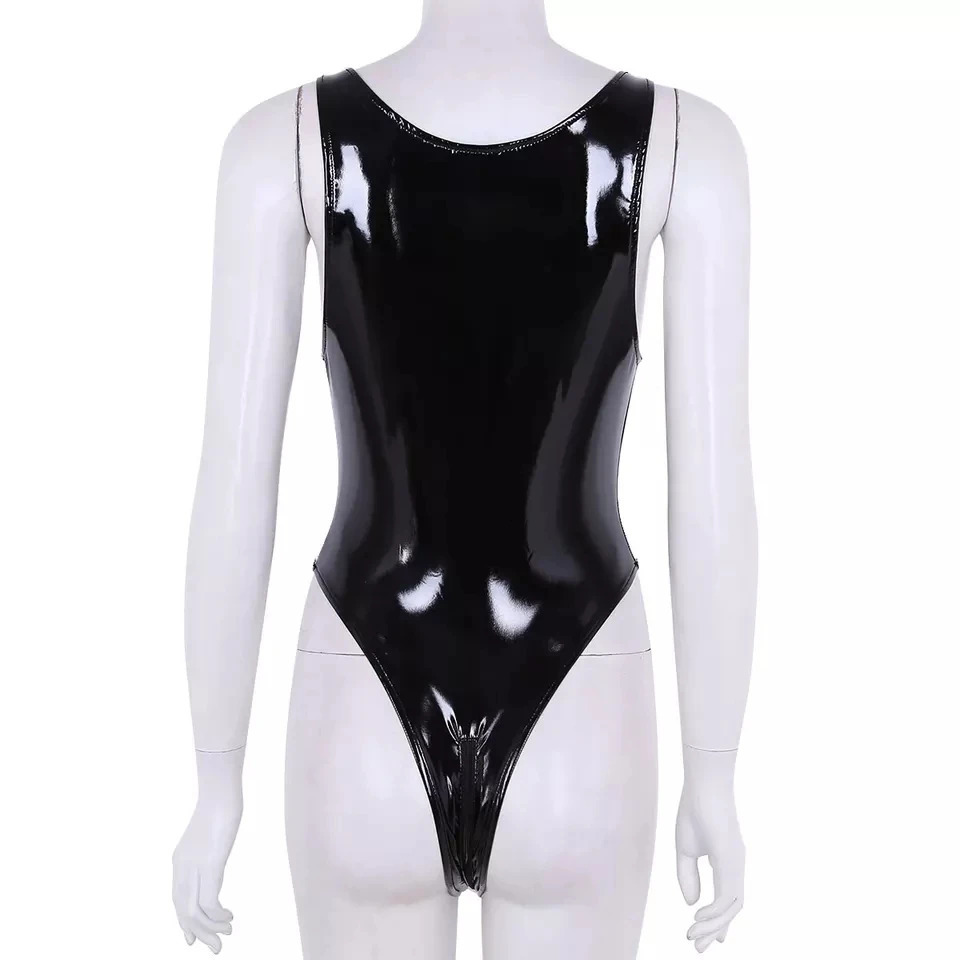 Sexy Open Crotch Glossy Leather Bodysuit For Women Erotic Porn Breast Exposing Shiny Latex Sheath Leotard Crotchless Sexi 240419
