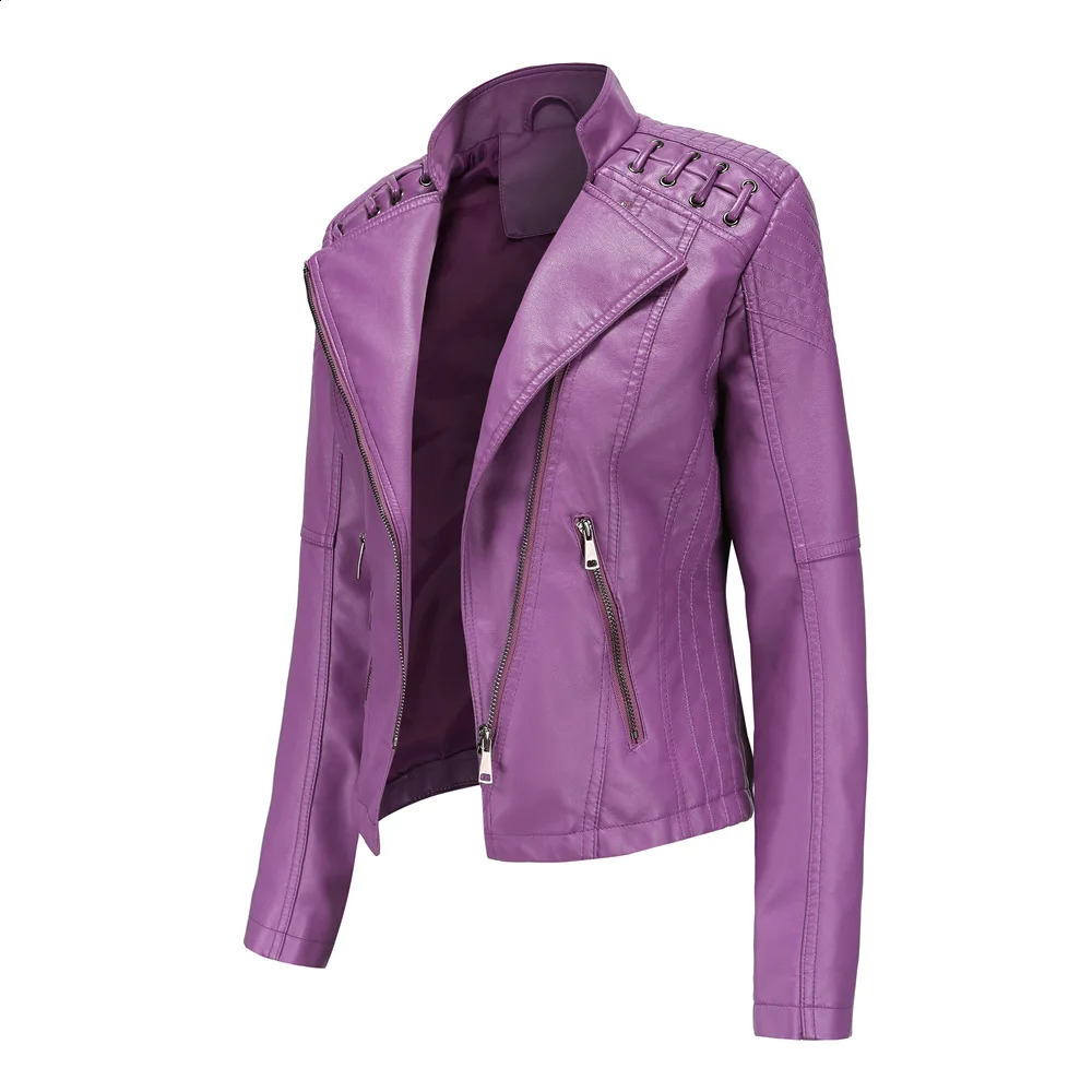 Spring Summer and Autumn Womens Artificial Leather Jacket Pu Motorcycle Purple Coat Ultra Thin Zipper Motorcycle Coat 4XL 241119