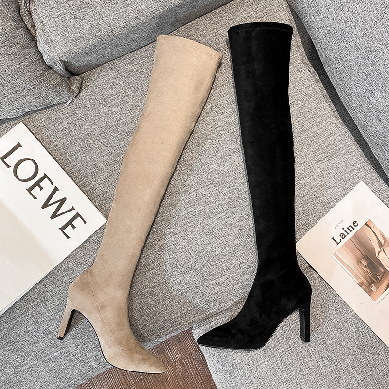 Leather Suede Knee Women Sexy Point Women's High Boots Black Beige Long Tall Shoes Ladies 2023 Autumn Winter ab09 's
