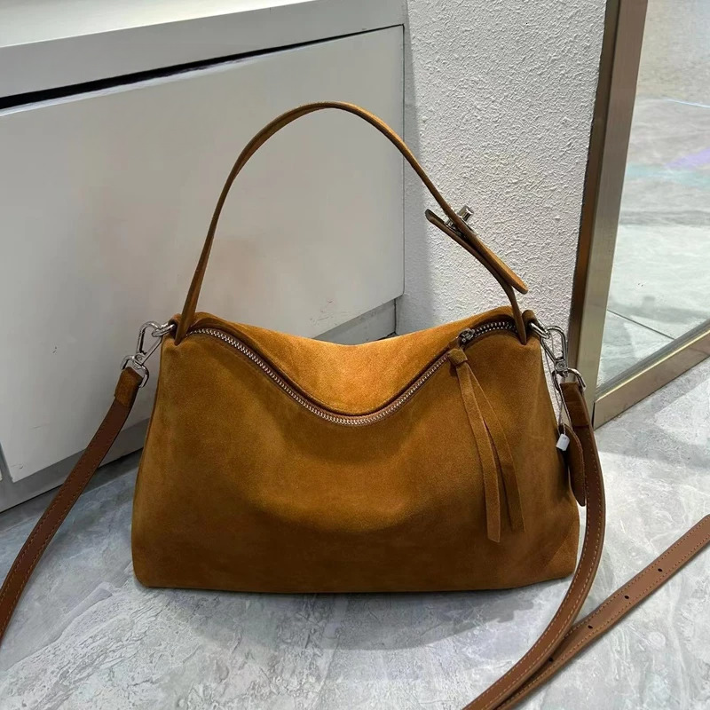 Fashion Autumn Winter Big Boston Tote Soft Matte Suede Cow Leather Women's Handbag Shoulder Crossbody Bag For Women Grey Brown Genuine Leather Ba