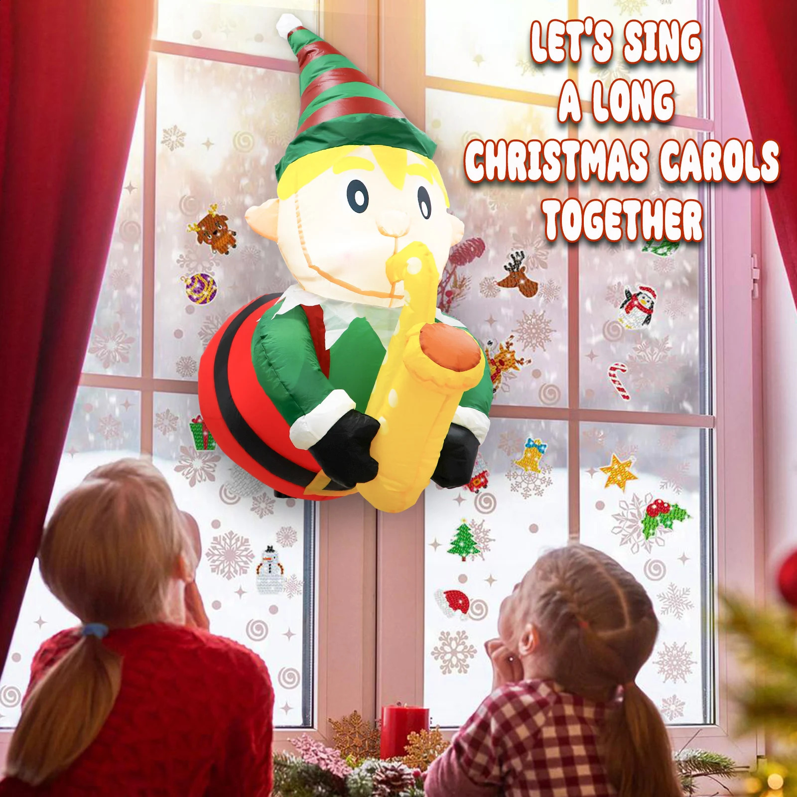 3.5-foot Christmas inflatable elf playing saxophone broken through the window with built-in LED lights for outdoor courtyard decoration 241120