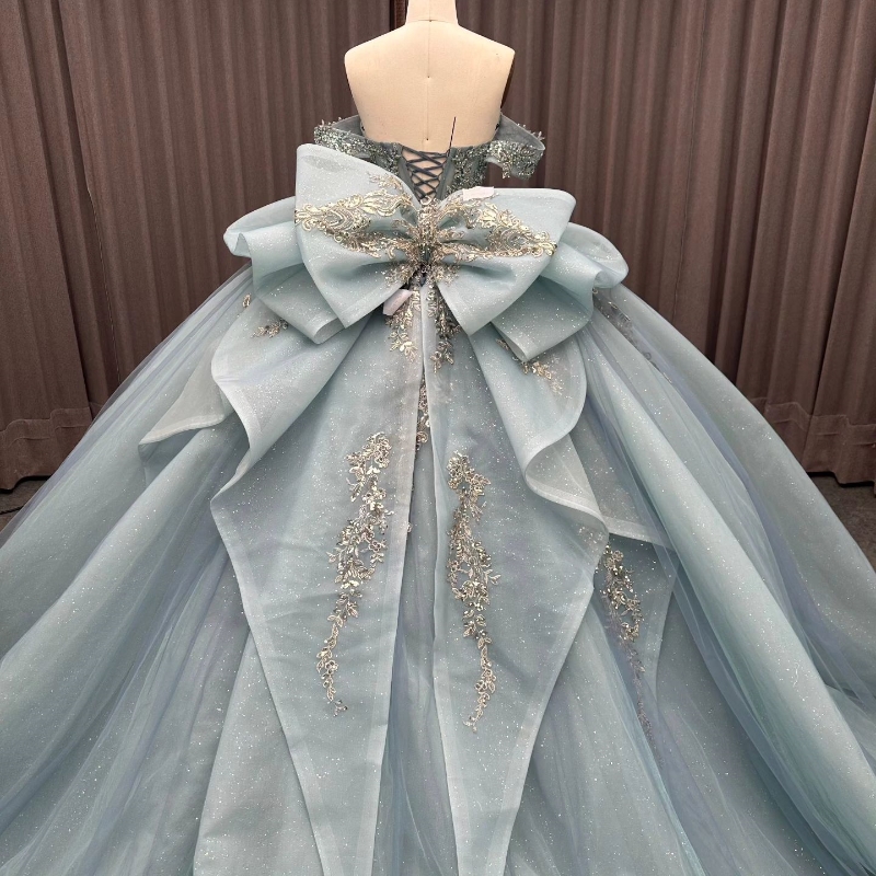 Luxury Light Sea Blue Shiny Quinceanera Dresses Crystals Beading Applique Bow Tull Vestidos De 15 Anos Birthday Party Corset Sweet 16 Dress