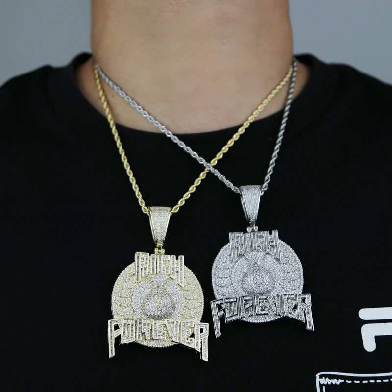 Bling Cz Letter Iced Out Prong Setting Rich Forever Pendant Necklace for Men Gold Color Hip Hop Jewelry 241120