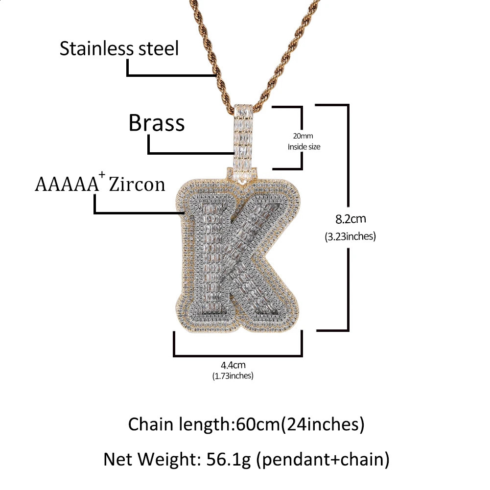 THE BLING KING Big Baguettecz Initial Letter A-Z Micro Paved Out Two Tone 5A Cubic Zirconia Charm Necklace Hiphop Jewelry 241119